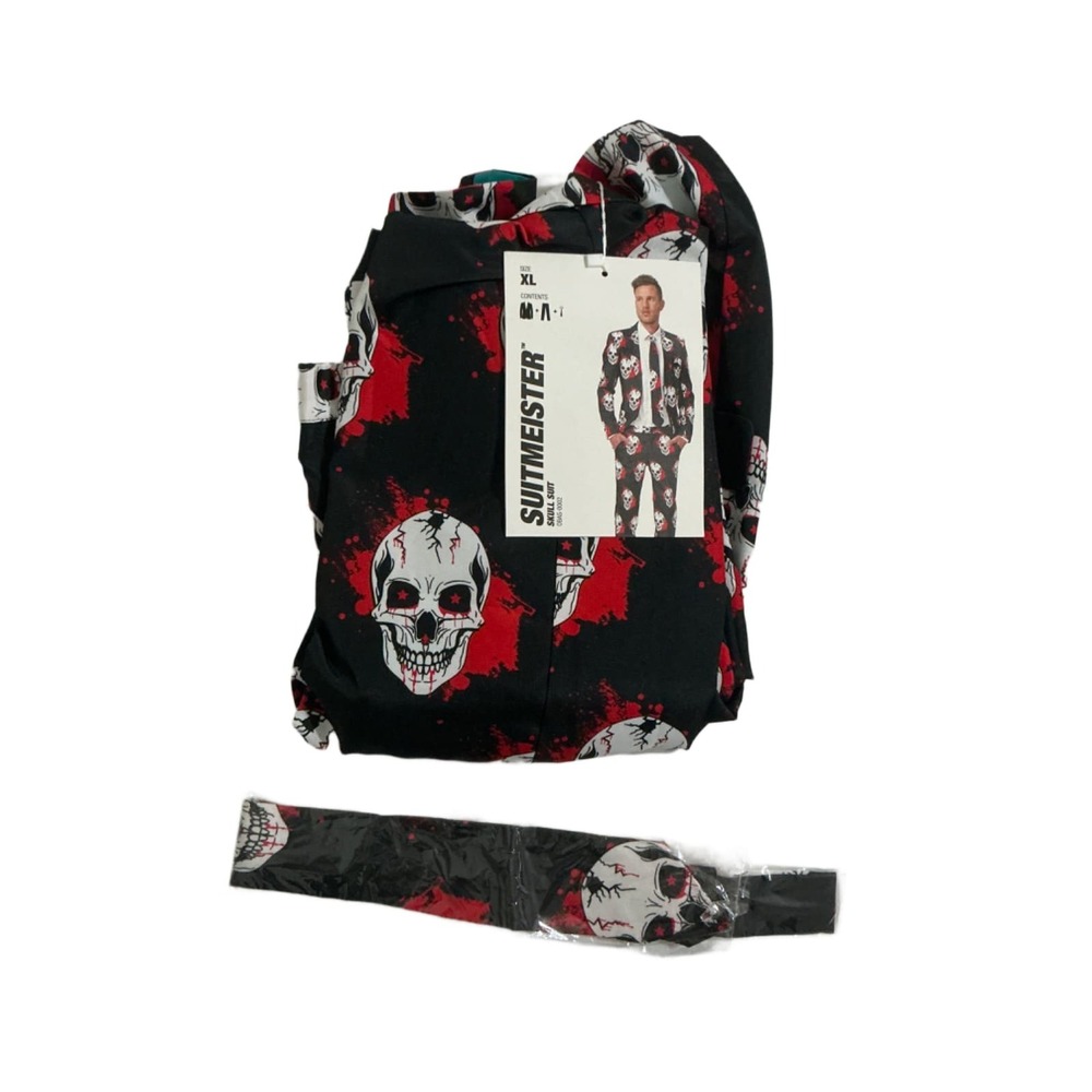 Suitmeister Skull Suit Mens XL Black Red Halloween 3pc Jacket Pants Tie New Tags